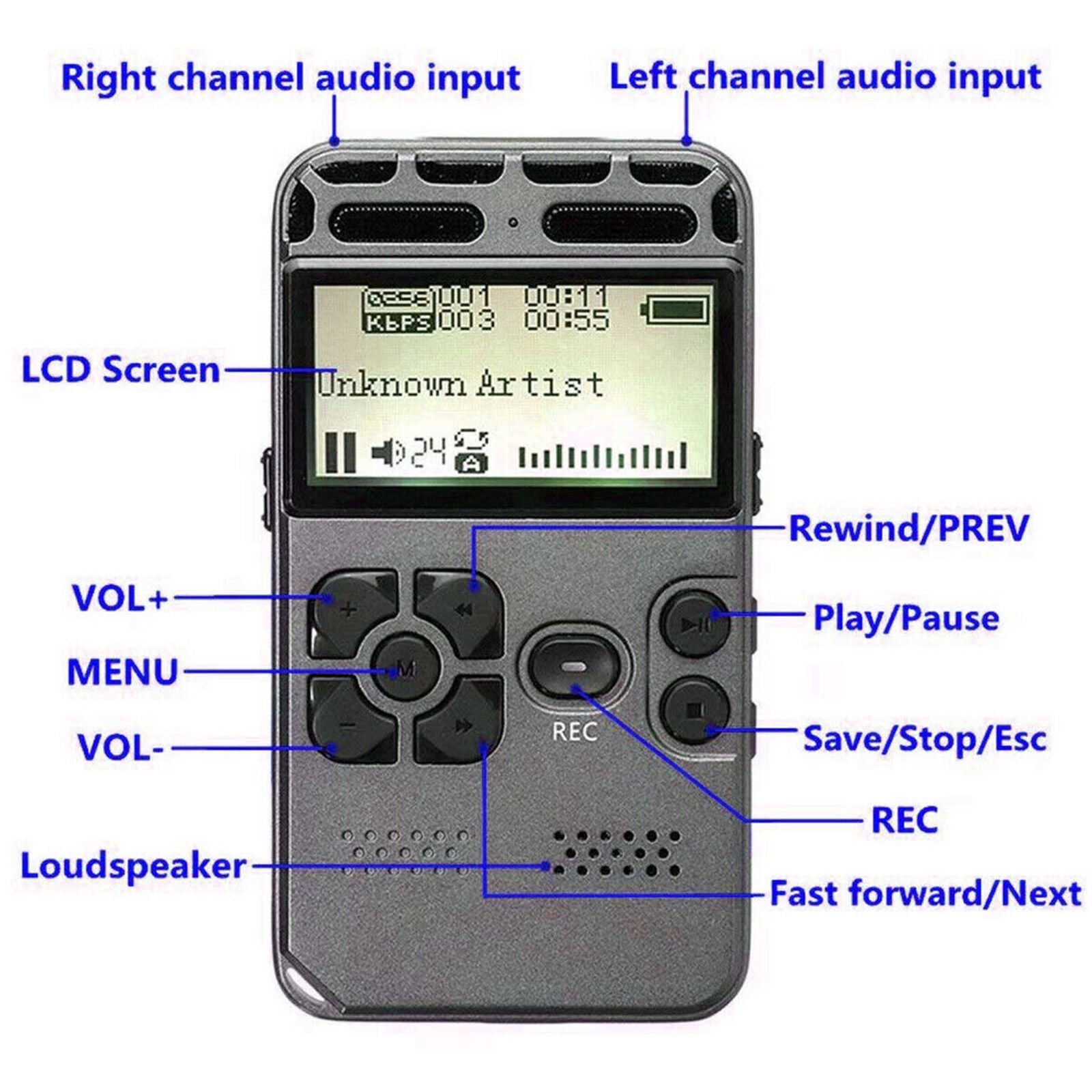 64G Rechargeable LCD Digital Audio Sound Voice Recorder Dictaphone MP3 Player