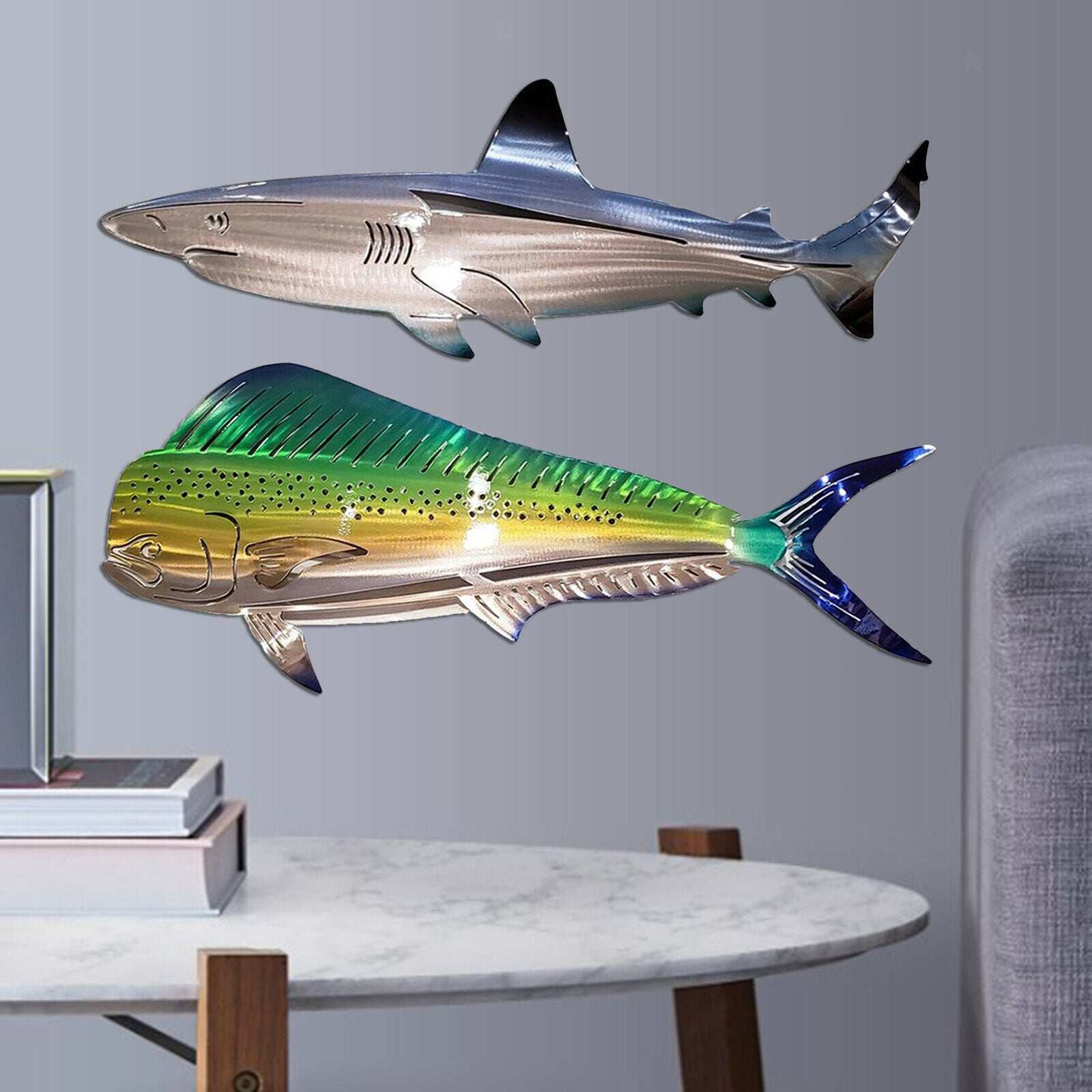 2x Large Metal Shark Wall Decor Outdoor Art Hanging Wall Sculpture Home Bedroom