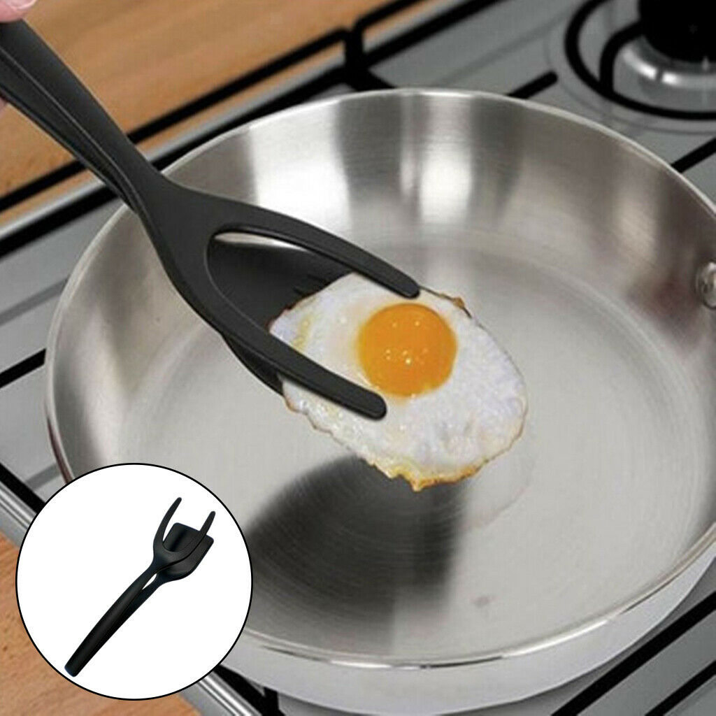 2 in 1 Egg Tongs Heat Resistant Fried Egg Tuner Tool for Beef Steak Black