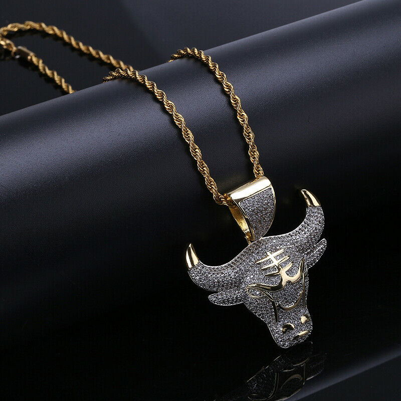 Hip Hop Fashion Full Rhinestone Bull Head Pendant Necklace Stainless Stee.l8