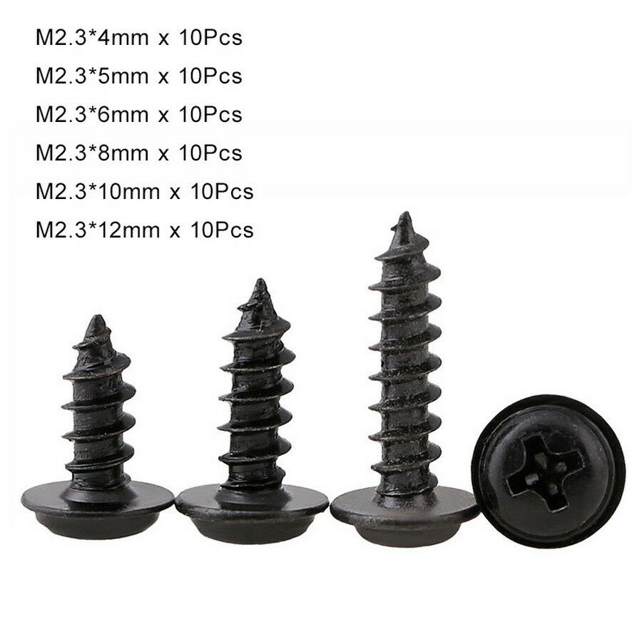 60Pcs M2.3* 4-12mm Phillips Pan Head Washer Self Tapping Screws kits Zinc Black