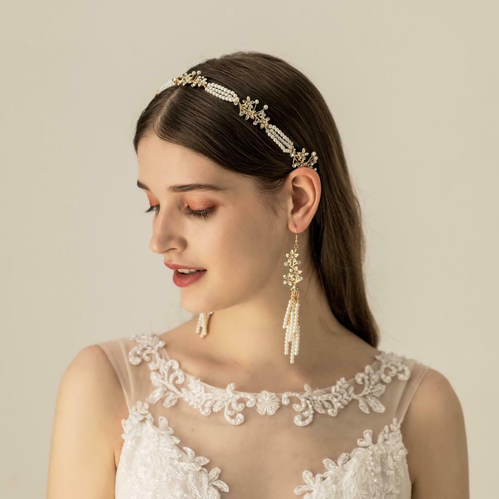 Women Bridal Hair Band Pearls Earrings Set Wedding Party Prom Headpiece