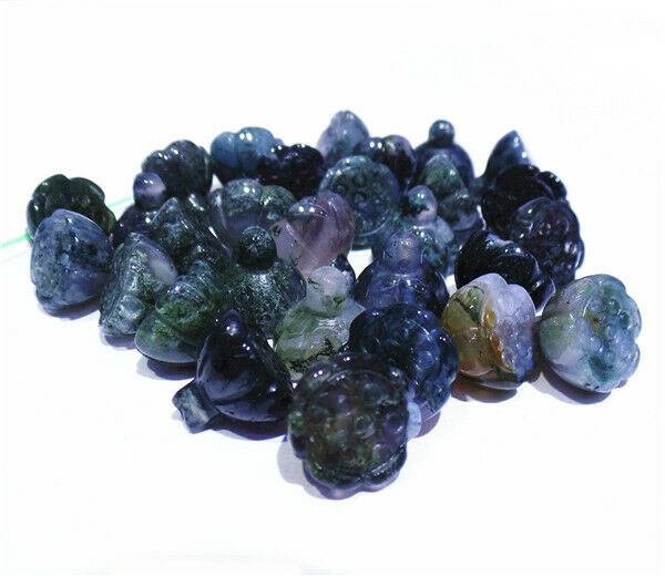 10Pcs 12x11mm Natural Green Moss Agate Carved Lotus Flower Pendant Beads HH8378