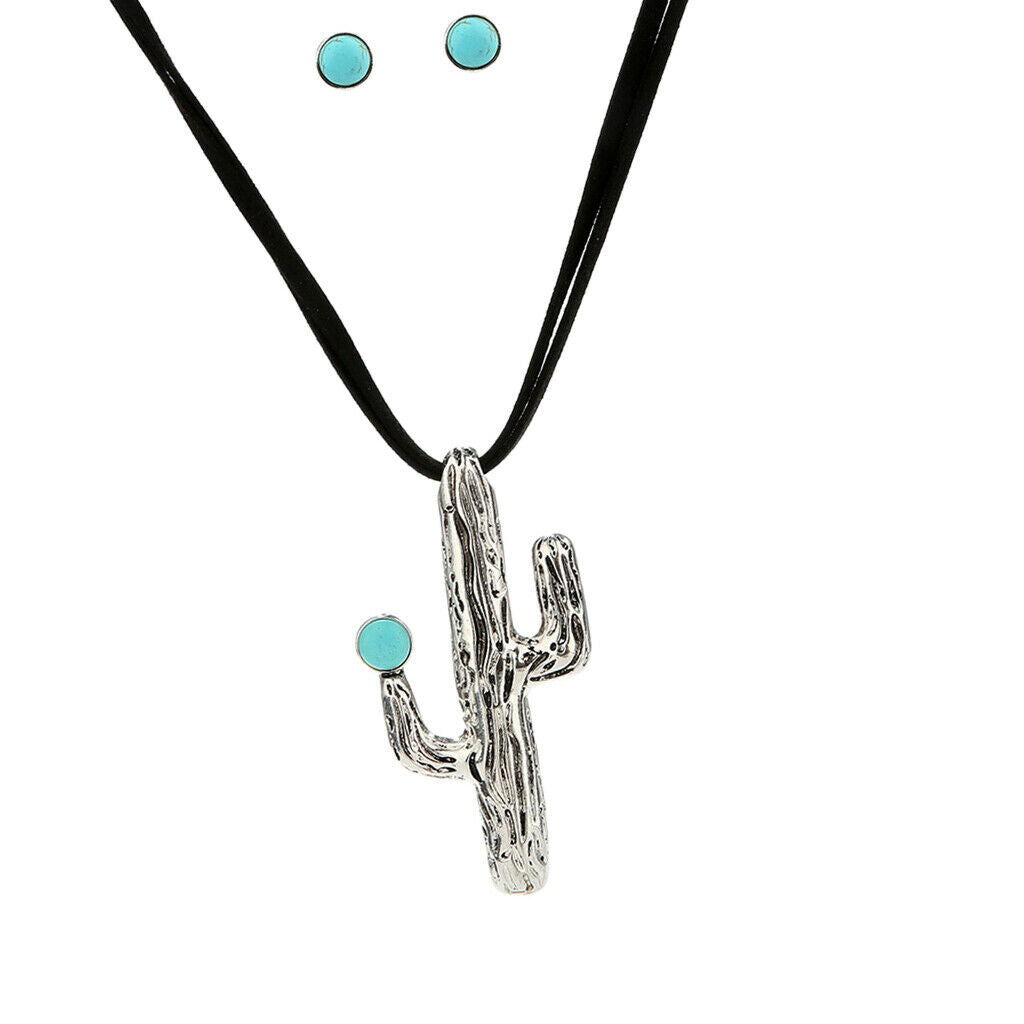 Bohemian Cactus Sweater Necklace Chain with 1 Pair Turquoise Earring Stud
