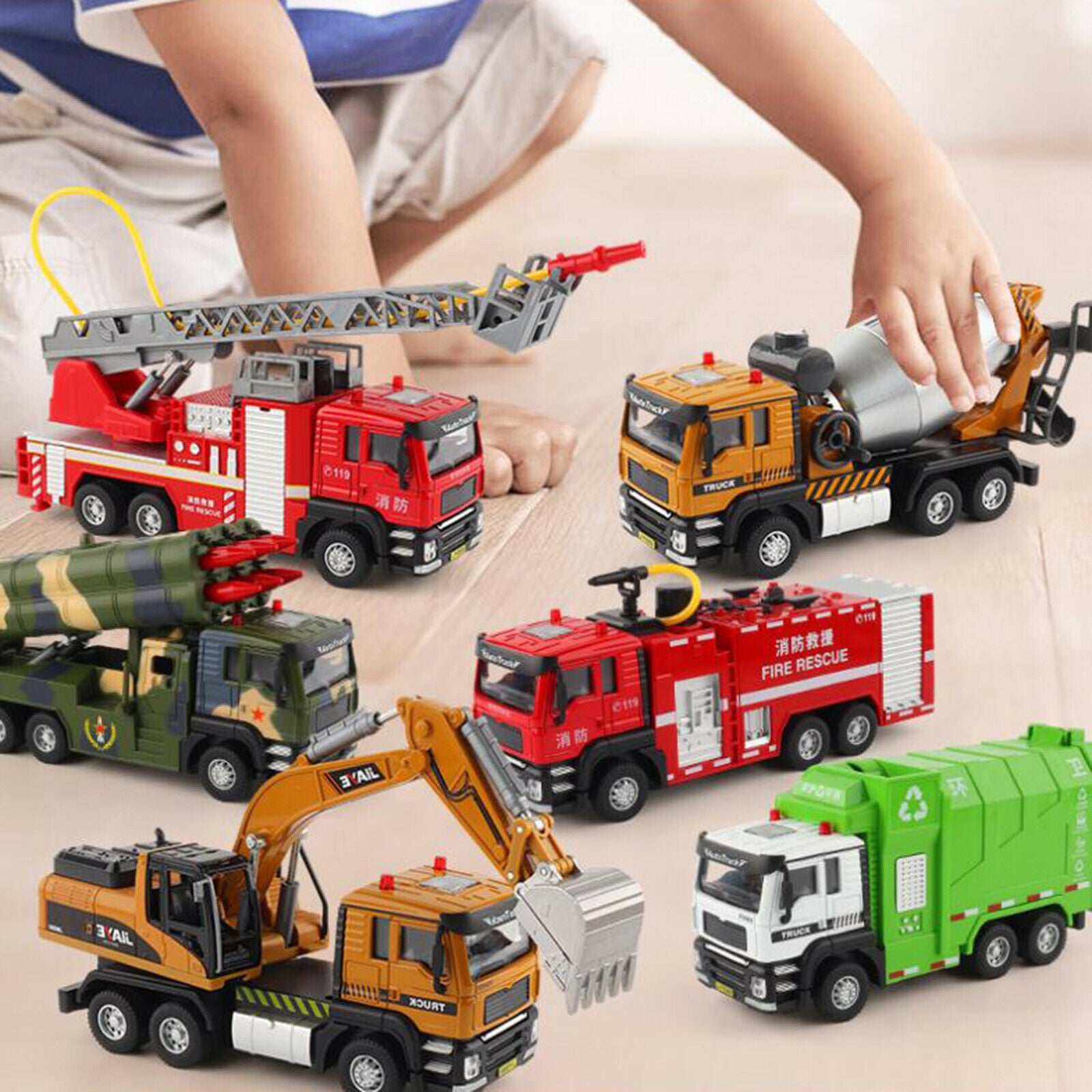 Fire Truck with Lights and Extendable Ladder Pull Back Vehicles Toys Gift for