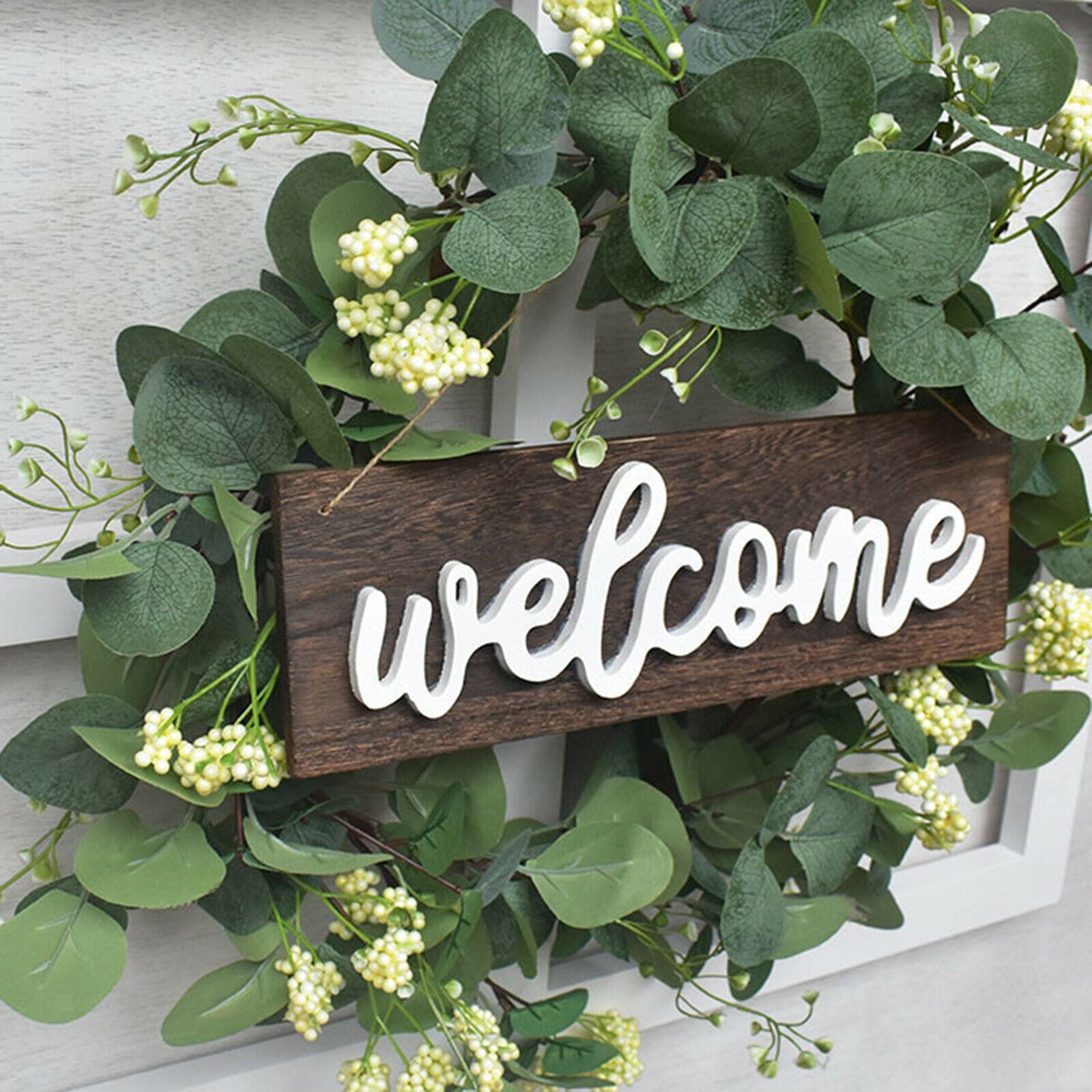Spring 20inch Welcome Sign Eucalyptus Wreath Artificial Flower Garland