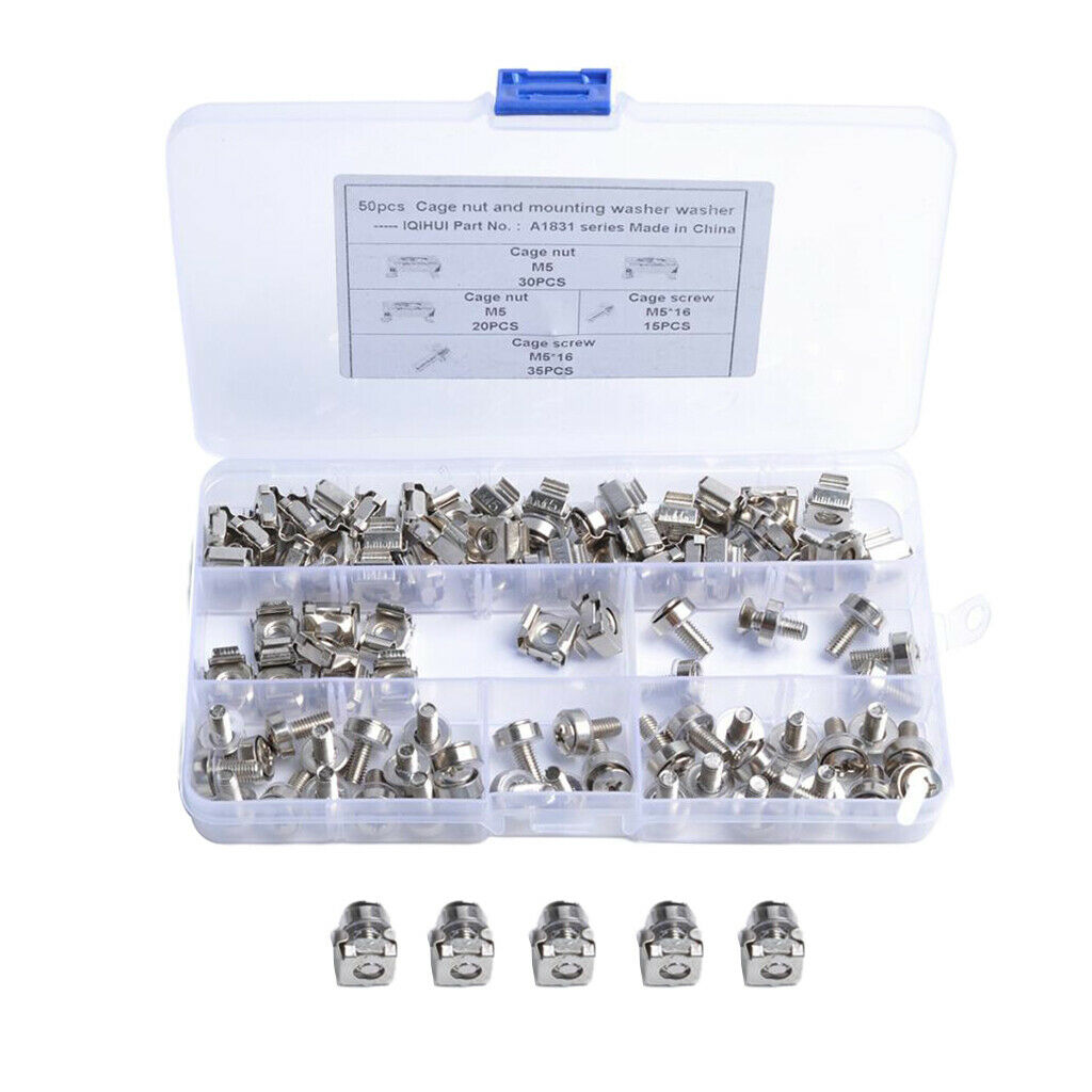 100pc M5x16mm Carbon Steel Cage Nut w Screws Washers for Server Rack Cabinet