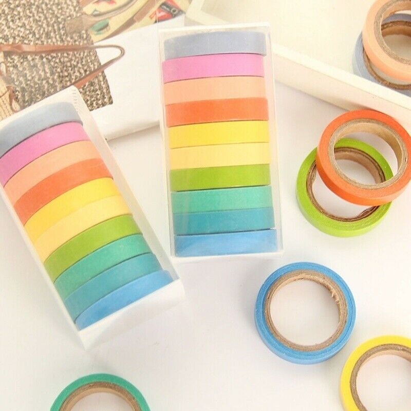10X Writable Rolls Paper Washi Masking Tape Rainbow Colours Sticky Adhesive Gift