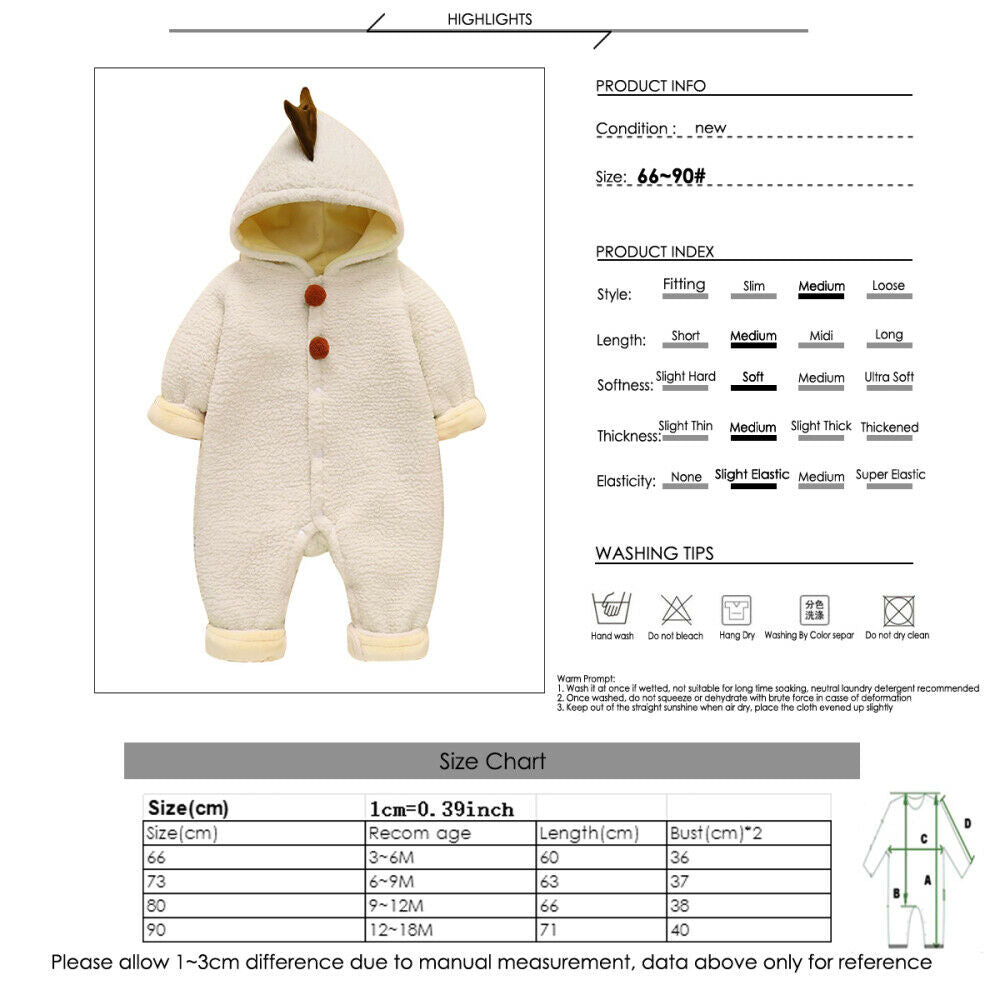 Infant Newborn Baby Girl Boy Winter Velvet Hooded Jumpsuit Romper Warm Clothes