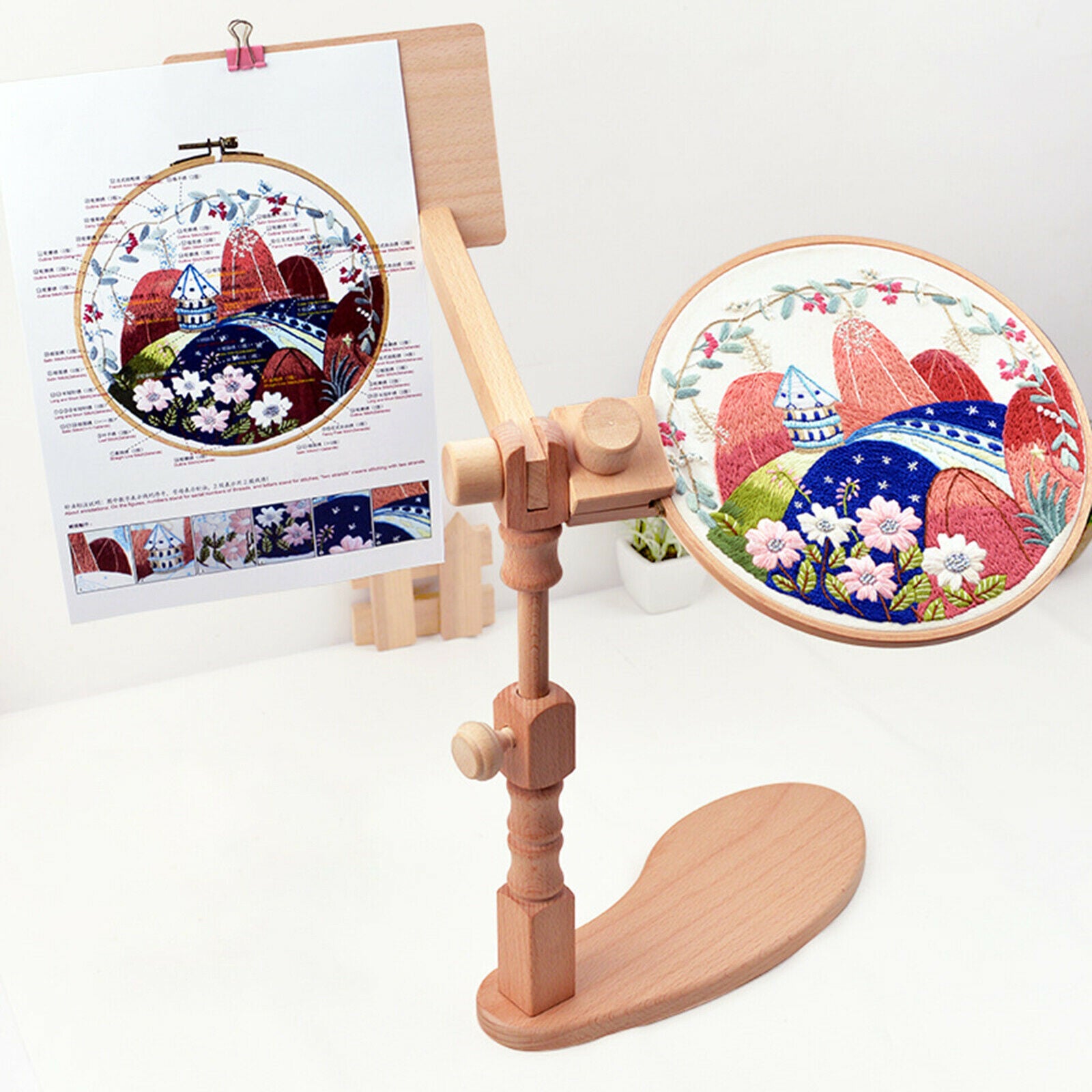 Embroidery Hoop 360 Rotary Cross Stitch Frame Rack High Adjustable Wooden