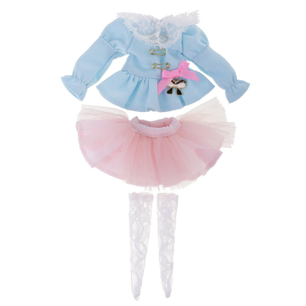 Blue Puff Sleeve Top Clothes Light Pink Skirt Stockings Socks Set for Blythe
