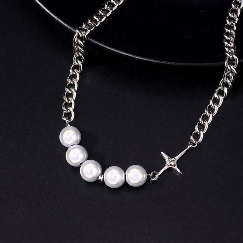 Choker Necklace for Women Big Fluorescent Pearls Alloy Chain with Glitter Cross