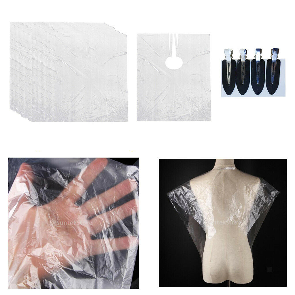100x Disposable Hair Cutting Cape Cloth Clear Salon Gowns Apron + 4x Clips