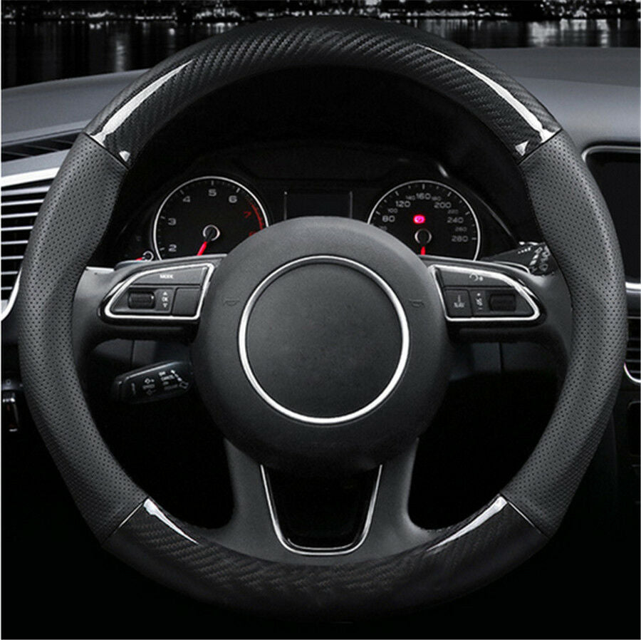 1PCS Carbon Fiber Steering Wheel Cover + Black leather cover For 38cm Diameter