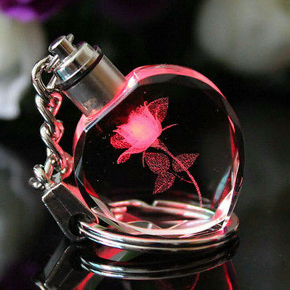 New Fairy Crystal Rose LED Light Keychain Love Heart Key Chain Ring Keyring ~