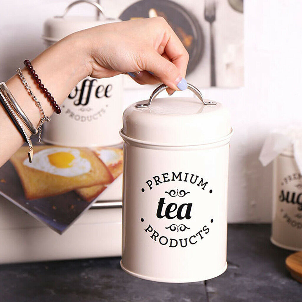 3x Retro Tea Coffee Sugar Canister Kitchen Storage Jar Pot Tin Iron w/ Lid