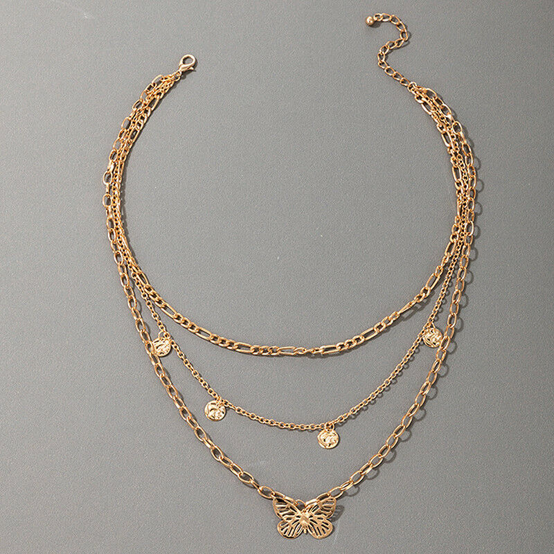 Multilayer Butterfly Charms Chunky Chain Necklace For Women Pendants Jewe.l8