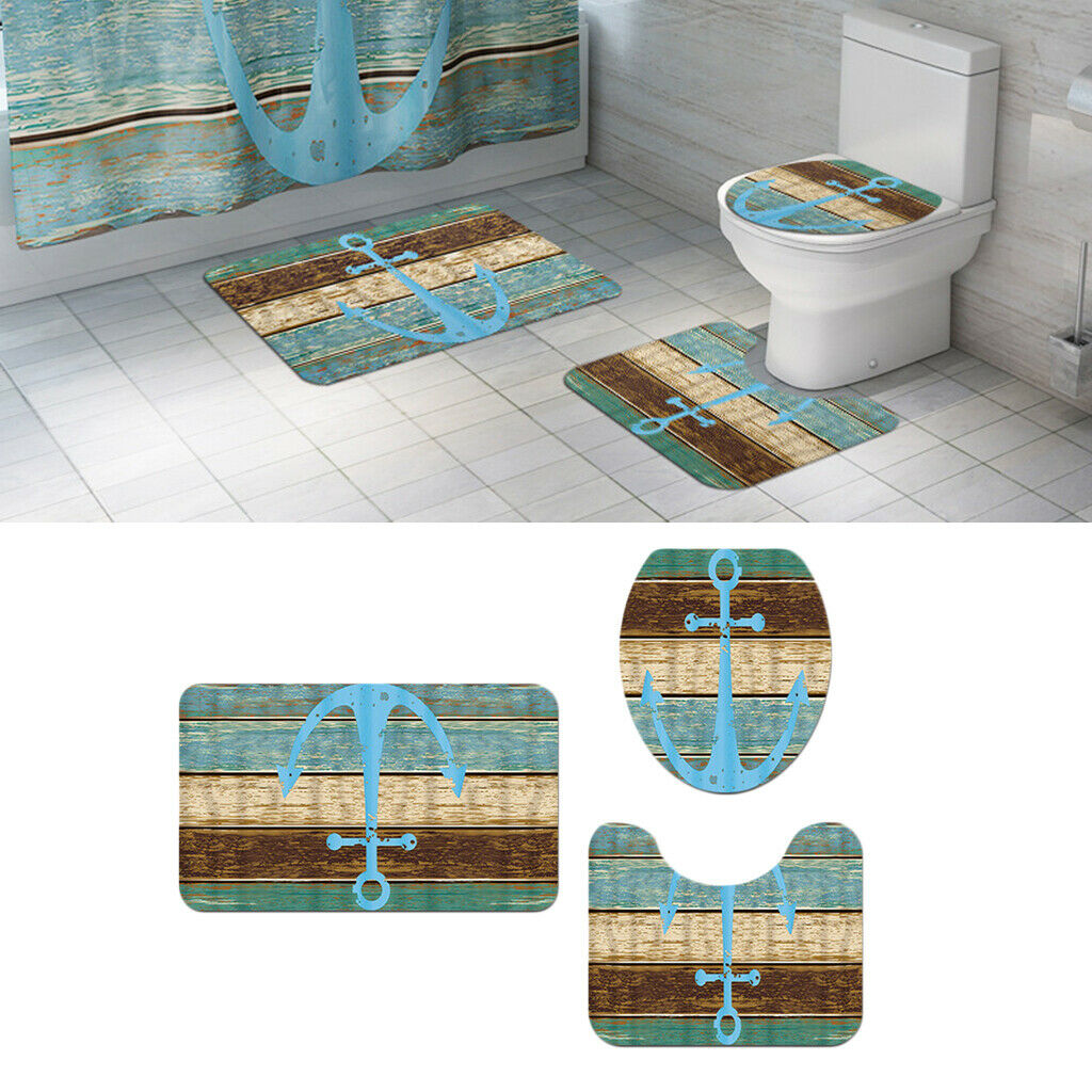 3 Pcs Bathroom Set Non-slip Rug Toilet Cover Pedestal Mat Marine Theme