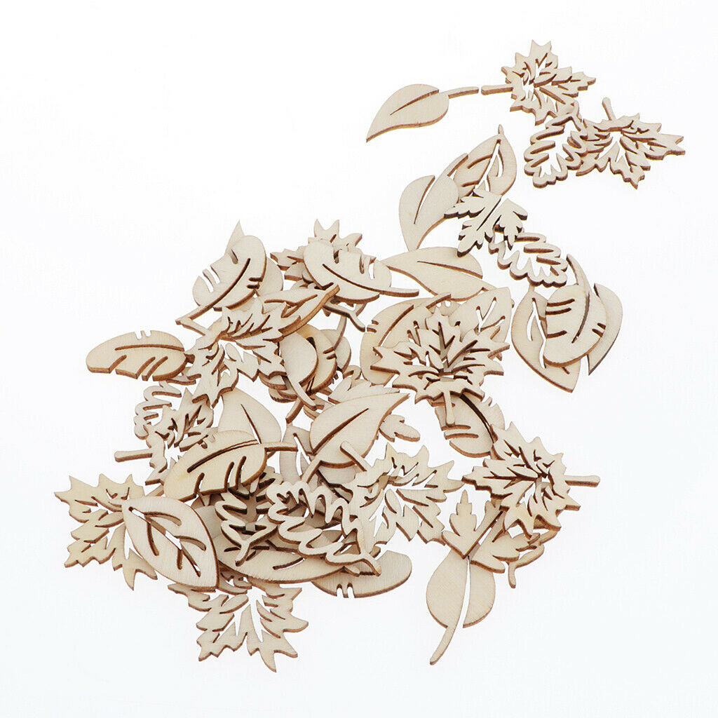 50Pack Hollow Leaves Wooden Pieces Scrapbooking Wood Chip DIY Art Hobbies