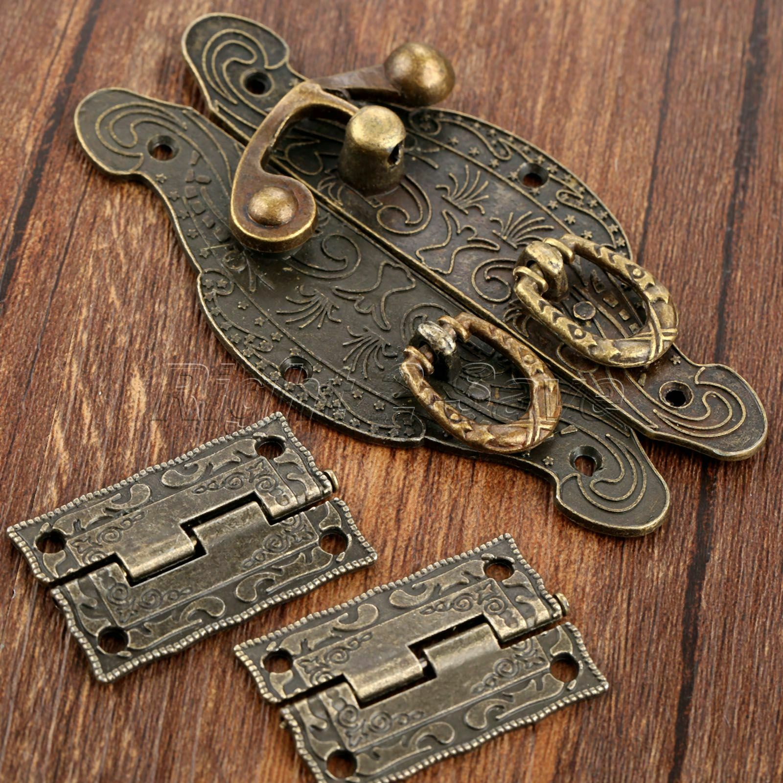 Carved Flower Jewelry Box Latch Hasp Buckle Toggle Catch Clasp Hook & 2x Hinges