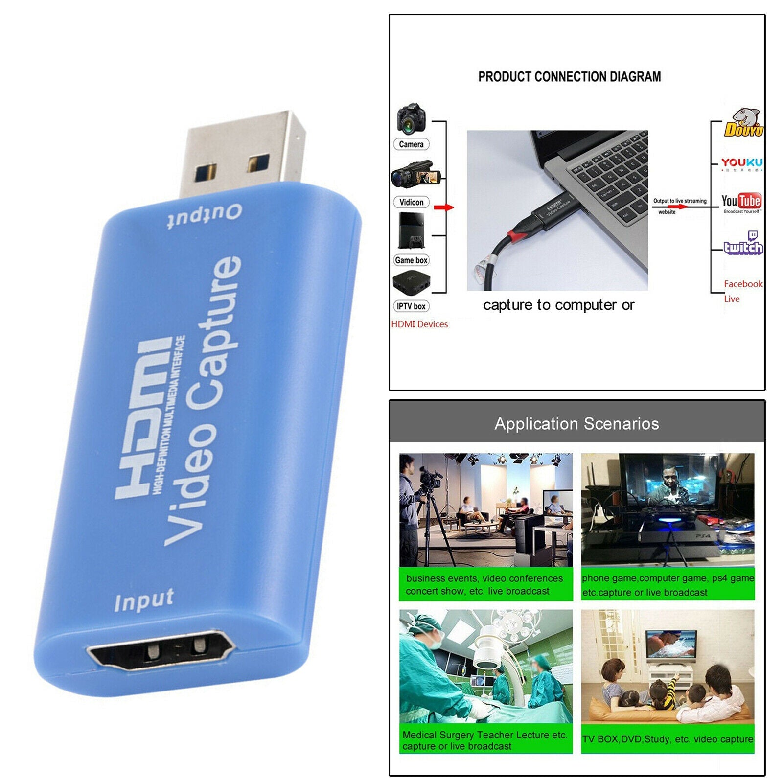HDMI to USB Video Capture Card Dongle 1080P for Video Live Streaming/Game