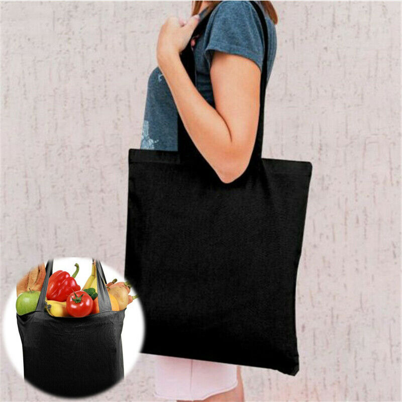 Reusable Shoulder HandBag 100% Organic Cotton Canvas Shopping Bag Black Tote Bag