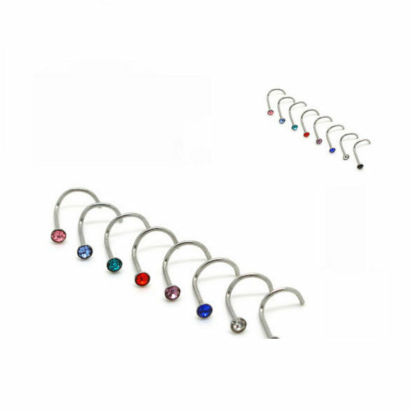 10Pcs Screw Nose Hoop Ring Studs Rhinestone Surgical Steel Body Piercing Jewelry