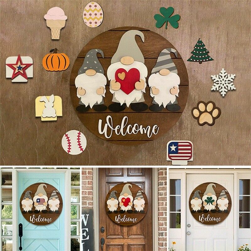 Triple Gnome Interchangeable All Season Welcome Sign Rustic Farmhouse Front V5O2