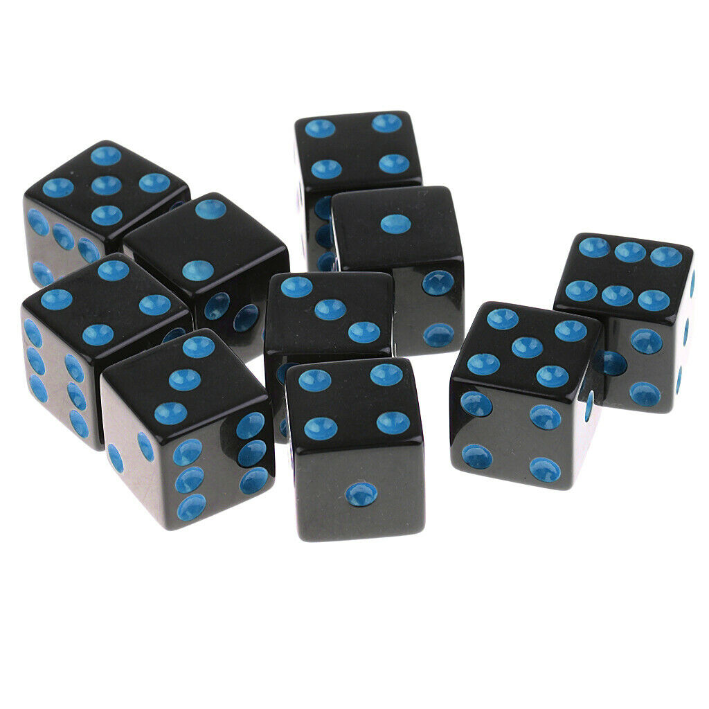 Acrylic 6 Sided Square Opaque D6 16mm Standard Dice Black w/ Blue Pips