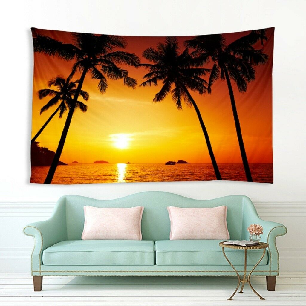 2Pcs 200x150cm Sunset on Beach Theme Wall Hanging Tapestry for TV Backdrop