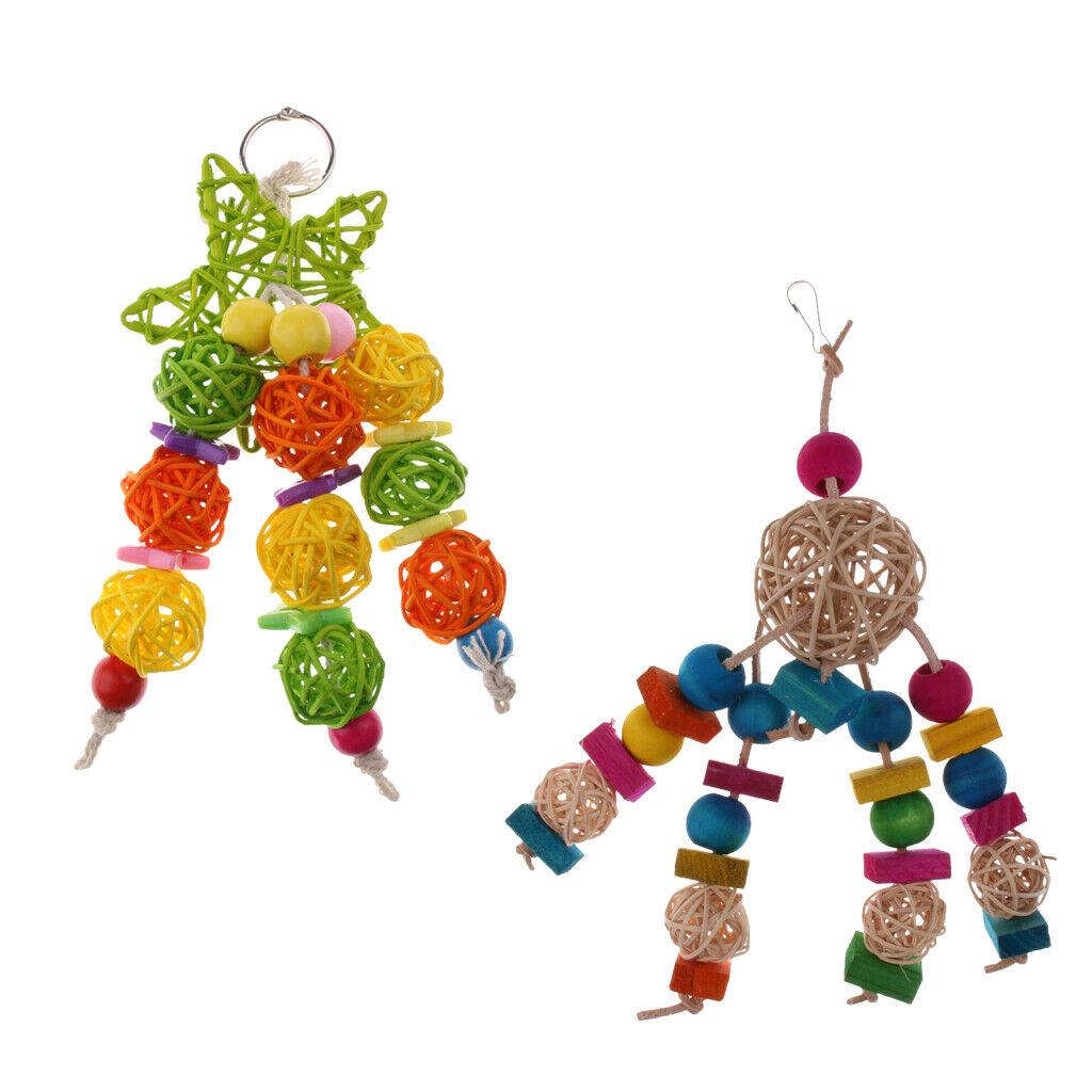 2 x Hanging Parrot Chewing Toys with A Bell - Multicolored Wooden Blocks Tearing