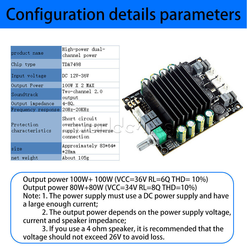 DC 12V-36V TDA7498 High-power HIFI Two-channels Power Amplifier Board 2X100W