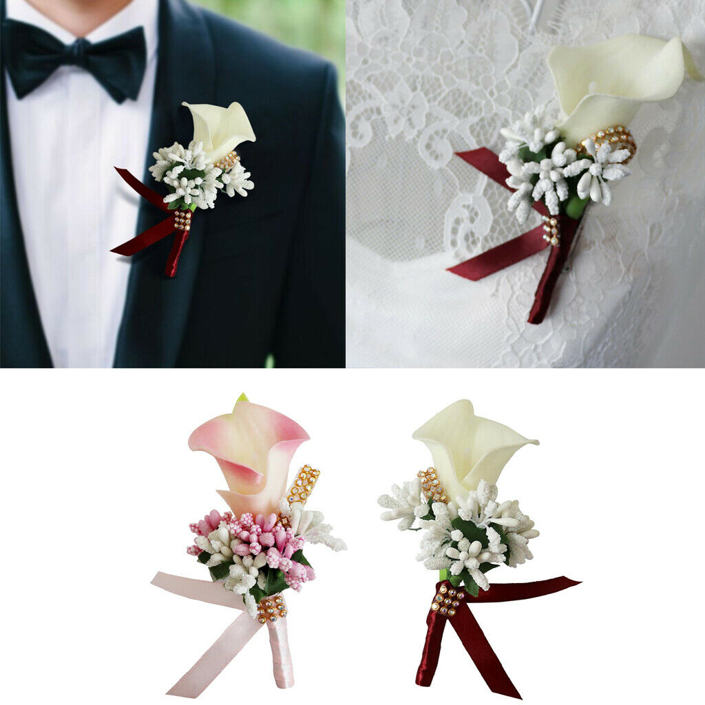 2Pcs Cute Calla Berry Rhinestone Groom Bridal Wedding Corsage Peach 2 Colors