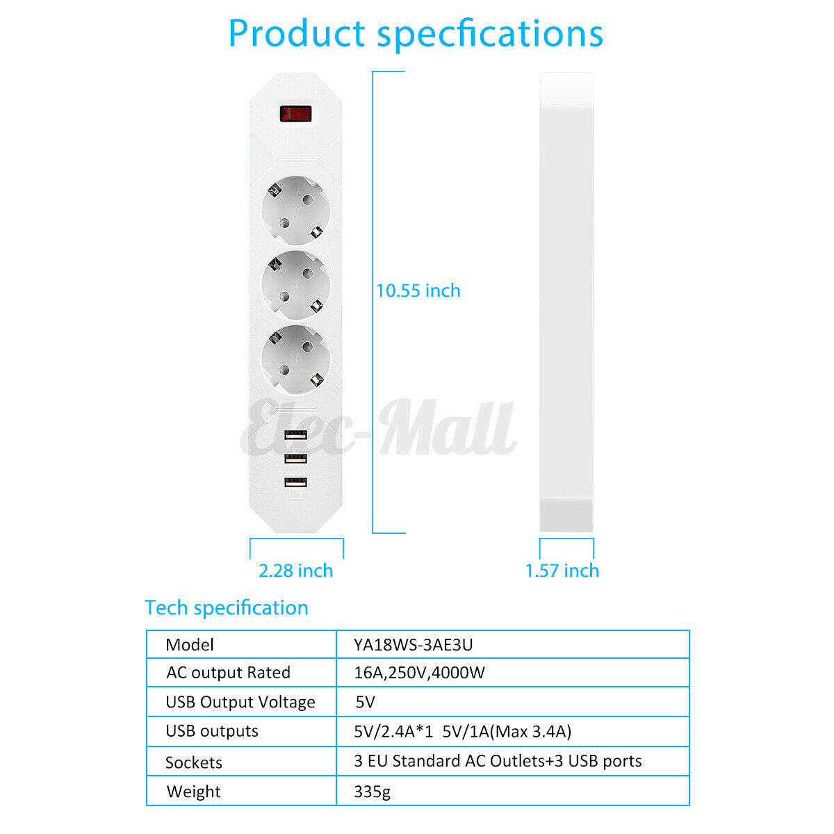 1.8M 3 Outlet Power Strip Surge Protector with 3 USB Ports Lightningproof Socket