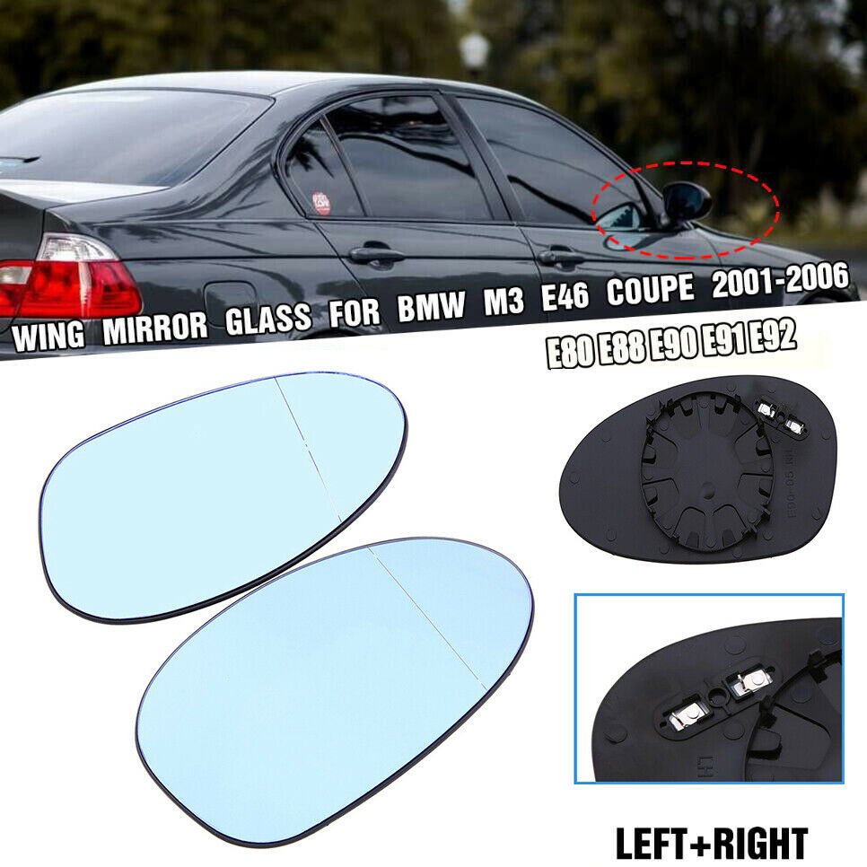 Pair Rearview Mirror Glass Heated Blue Fits BMW 1/3-Series E81 E46 E+ 2008-2014