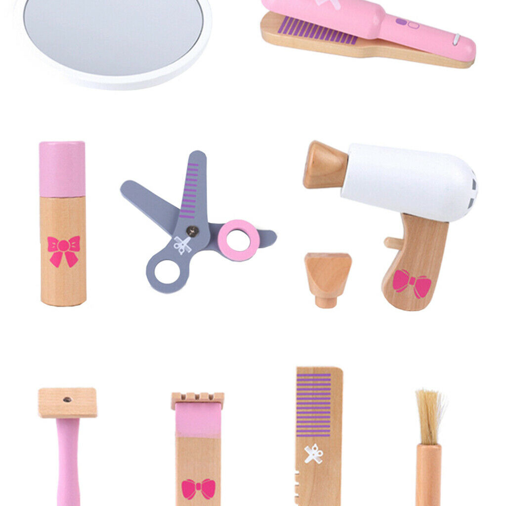Wooden Pretend Play Toys for Girls Makeup Playset Hair Dryer Comb Brush Kit