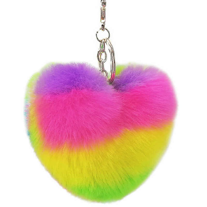 Rainbow Heart Key Chain Pompom Ball Keychain Fluffy Bag Keyring Xmas G.l8