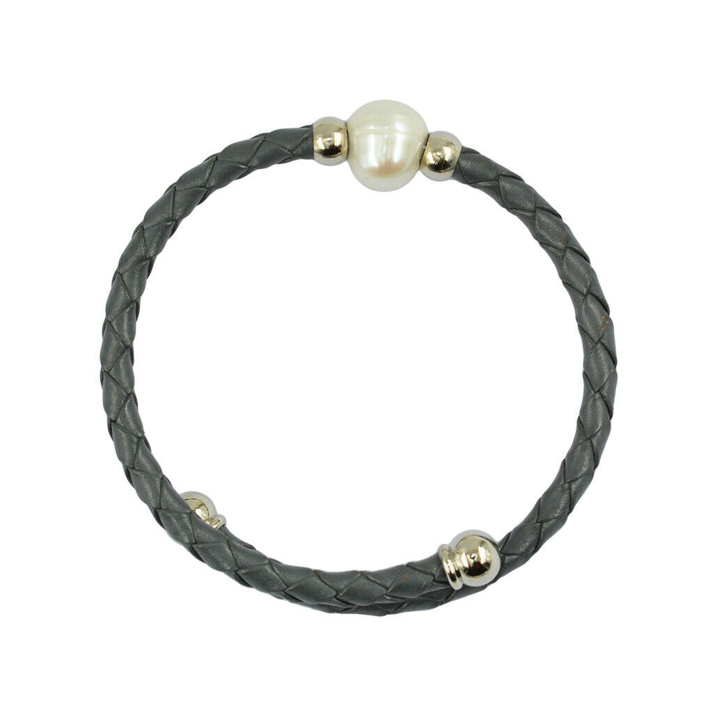 Handmade Leather Braide Rope Fresh Water Peal Wrap Bangle Bracelet Dark Grey