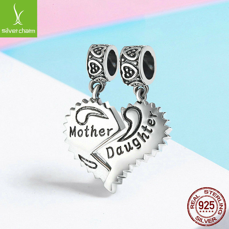 Real 925 Sterling Mother and Daughter Love Forever Hanging Beads Charm fit Chain