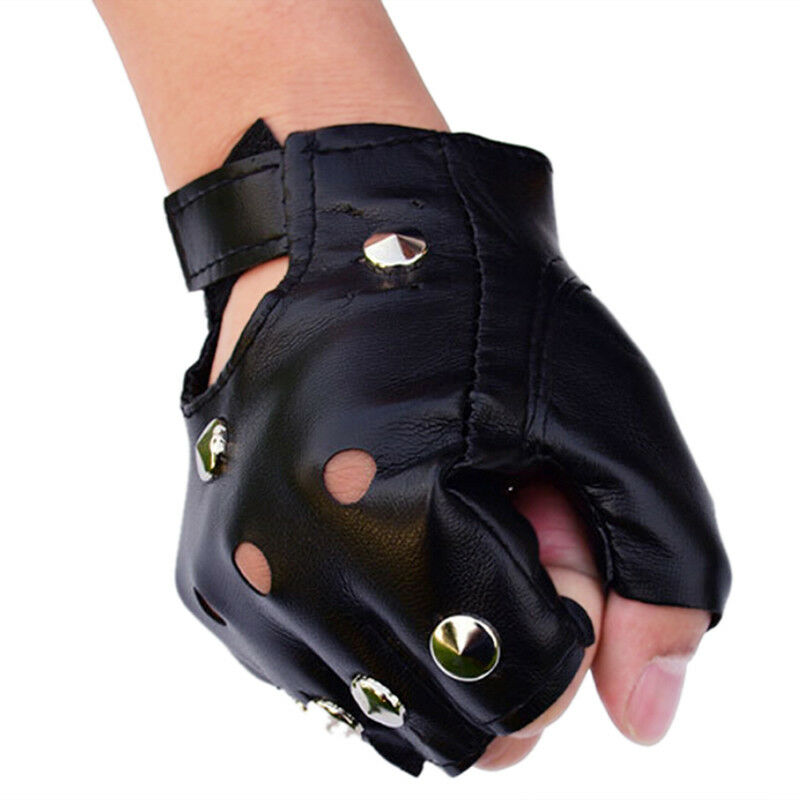 Leather Fingerless Short Gloves Black Rivets Stud Half Finger Mittens Fashion Ad