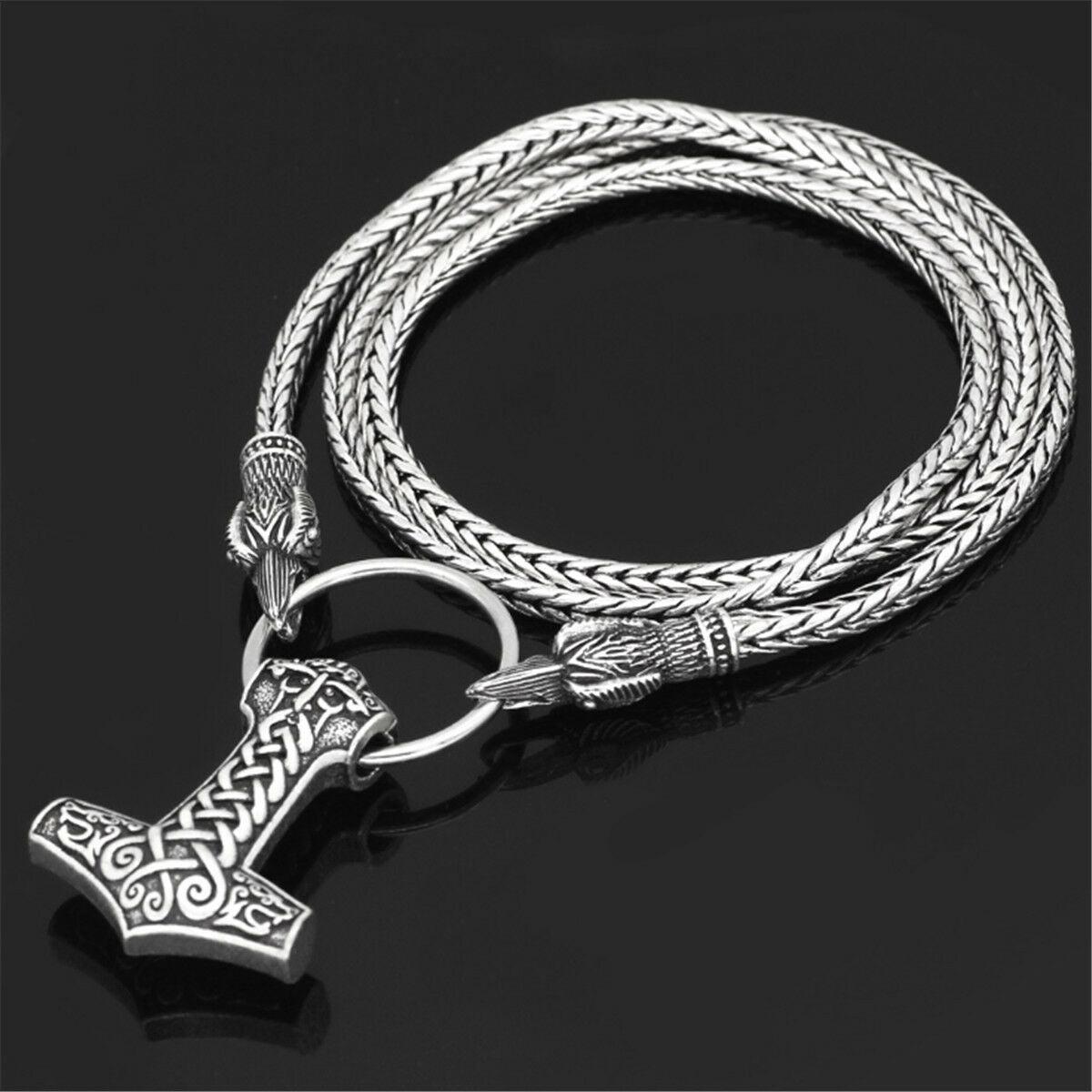 Men's Norse Viking Odin's Crow Chain&Thor Hammer Mjolnir Pendant Necklace Gift
