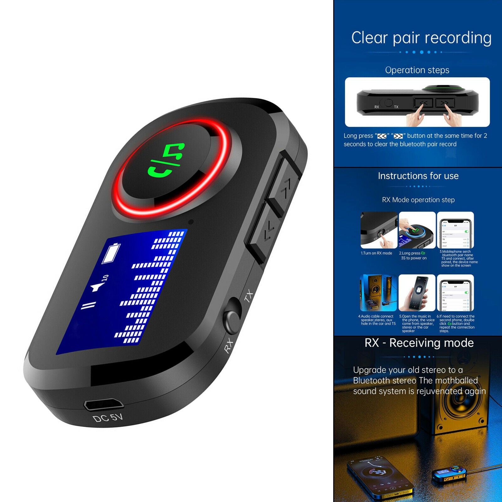 Bluetooth 5.0 transmitter and receiver, 3.5mm audio adapter with screen, for