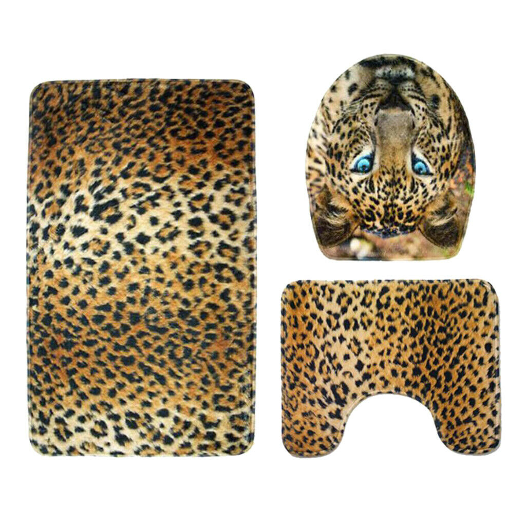 3 Pieces Flannel Toilet Lid Non Slip Bath Mat Bathroom Rug Set Leopard