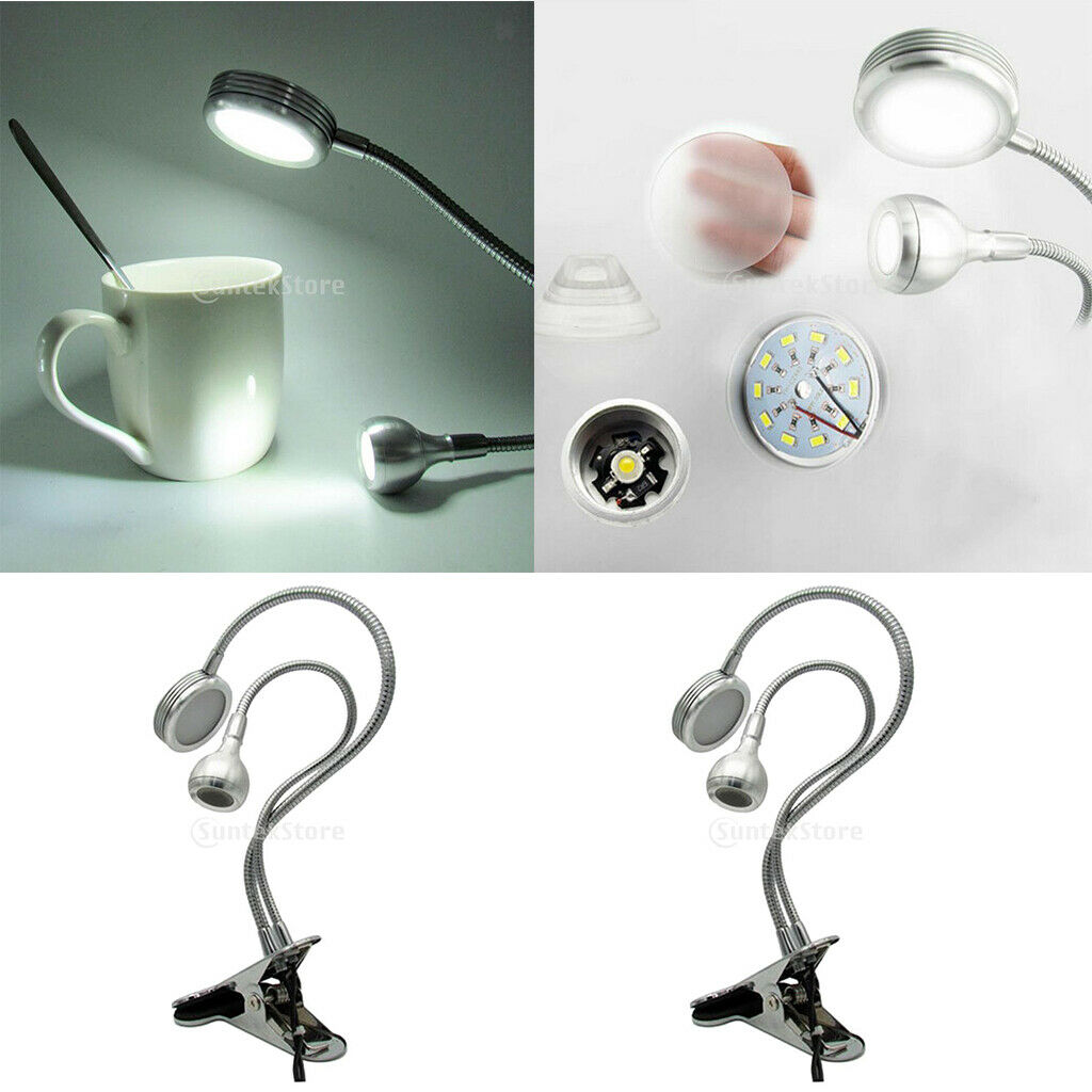 Dual Head Gooseneck Table Lamp LED Clamp Desk Lamp with USB Charging Port  White