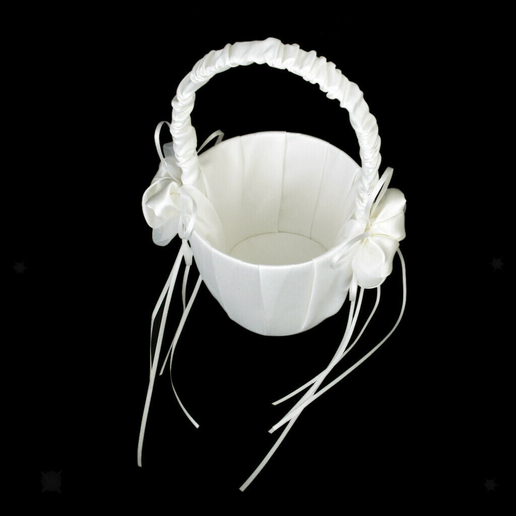 Ivory Bud Wedding Flower Girl Basket Satin Decor Romantic Ceremony Supply