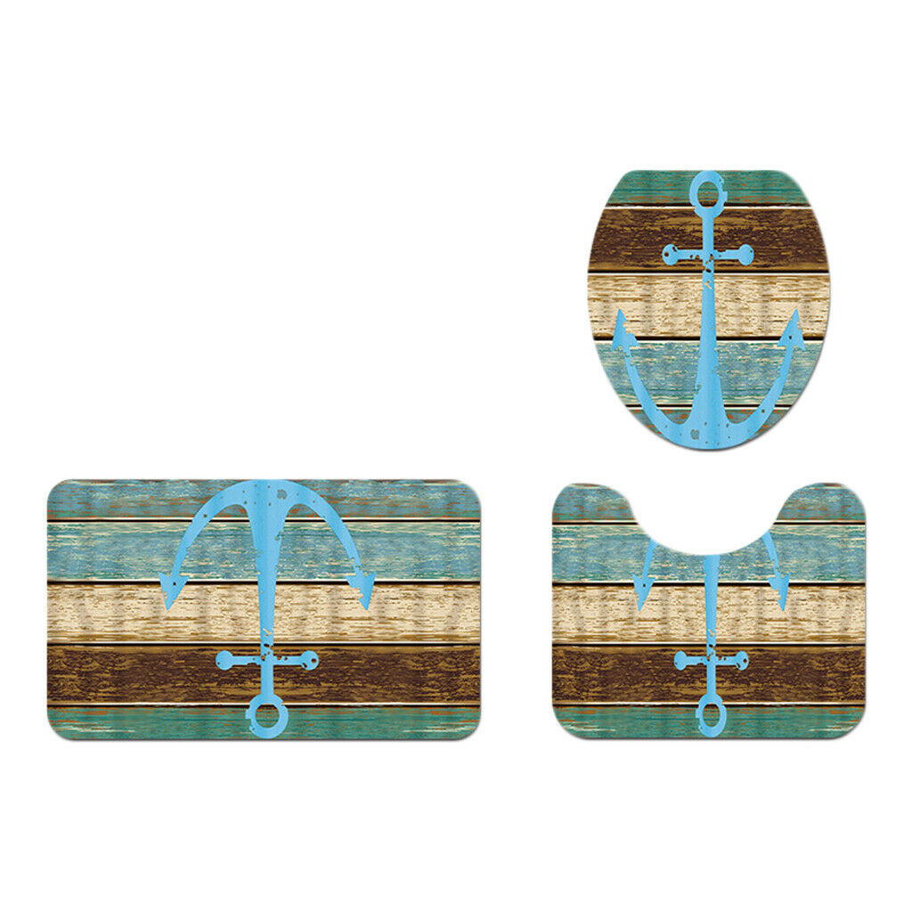 3 Pieces Bathroom Set Non-slip Rug Toilet Cover Contour Mat Marine Theme