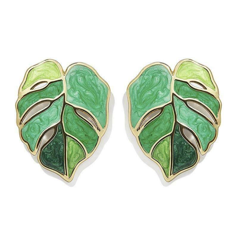 Fashion Flower Leafs Earrings Female Enamel Green Plant Statement Drop Earrings