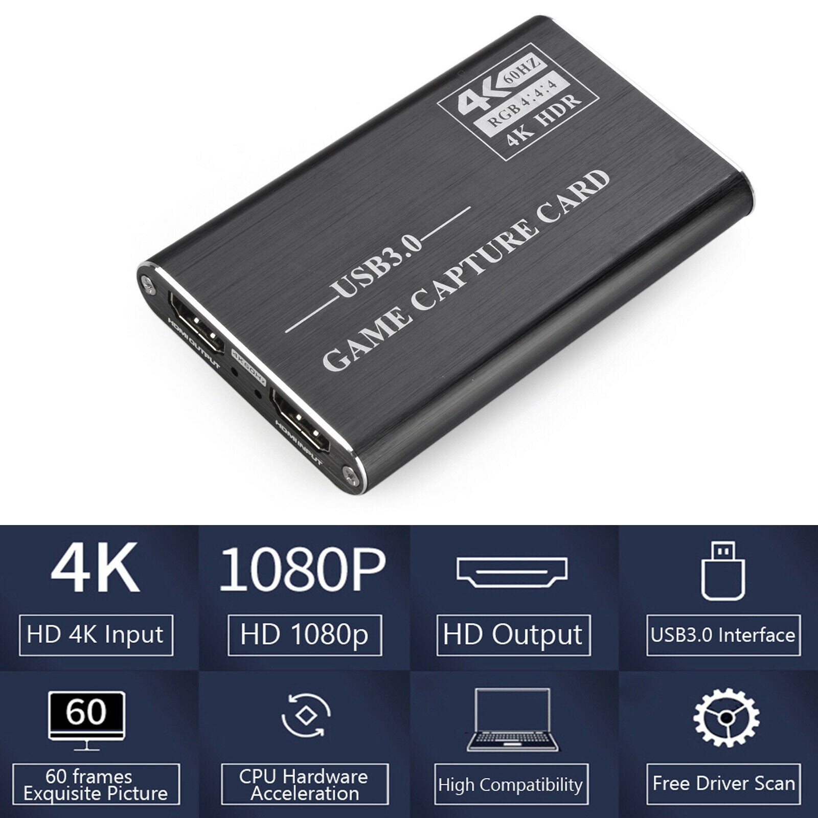 4K HDM to CAB 3.0 Game Video Capture Box Dongle 60fps HD Video Recorder Gray