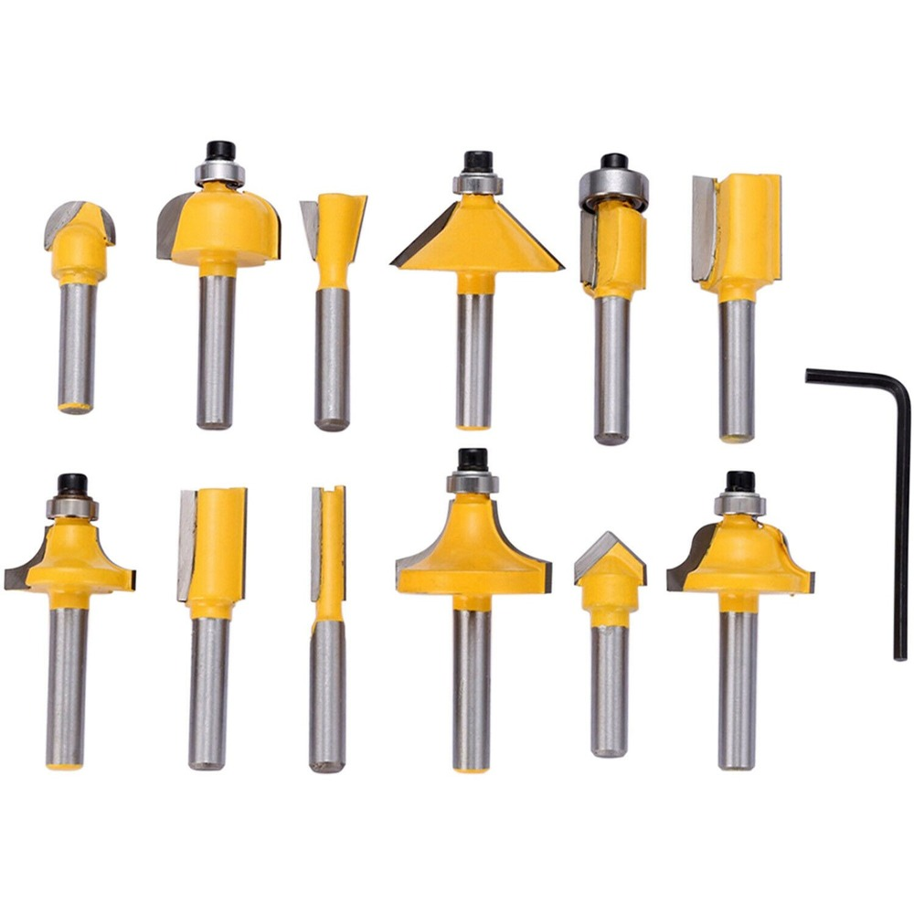 12 PCS Tungsten Carbide Tipped TCT Router Bits 1/4" Shank Sealed Bearing Bit Set