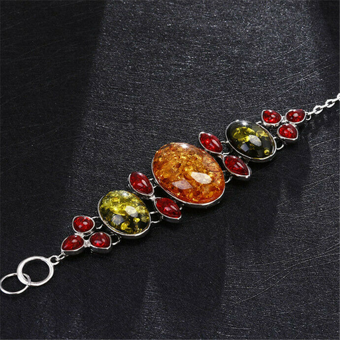 New Charm Faux Amber Beads Teardrop Statement Chain Charm Link Bangle Bracelet